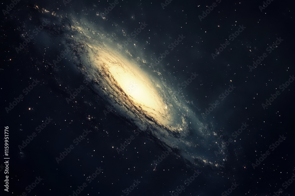 Spiral galaxy in deep space with bright core and dark nebulae. Spiral galaxy in deep space with bright core and dark nebulae.