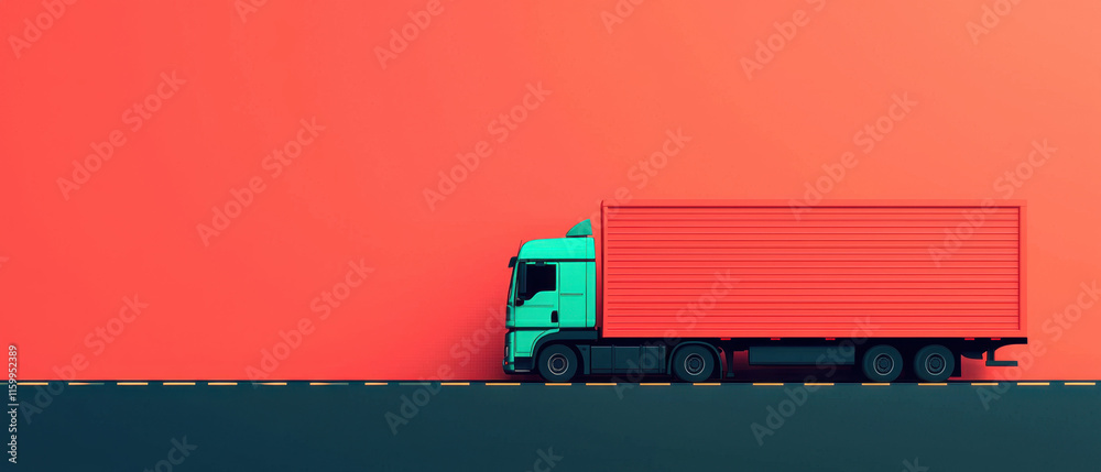 Supply chain management logistics technology. A colorful truck parked against a bold orange wall with a road beside it. Supply chain management logistics technology. A colorful truck parked against a bold orange wall with a road beside it.