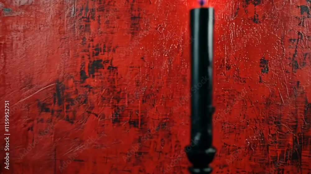 Black candle flickers against vibrant red background creating a dramatic contrast in a dimly lit space