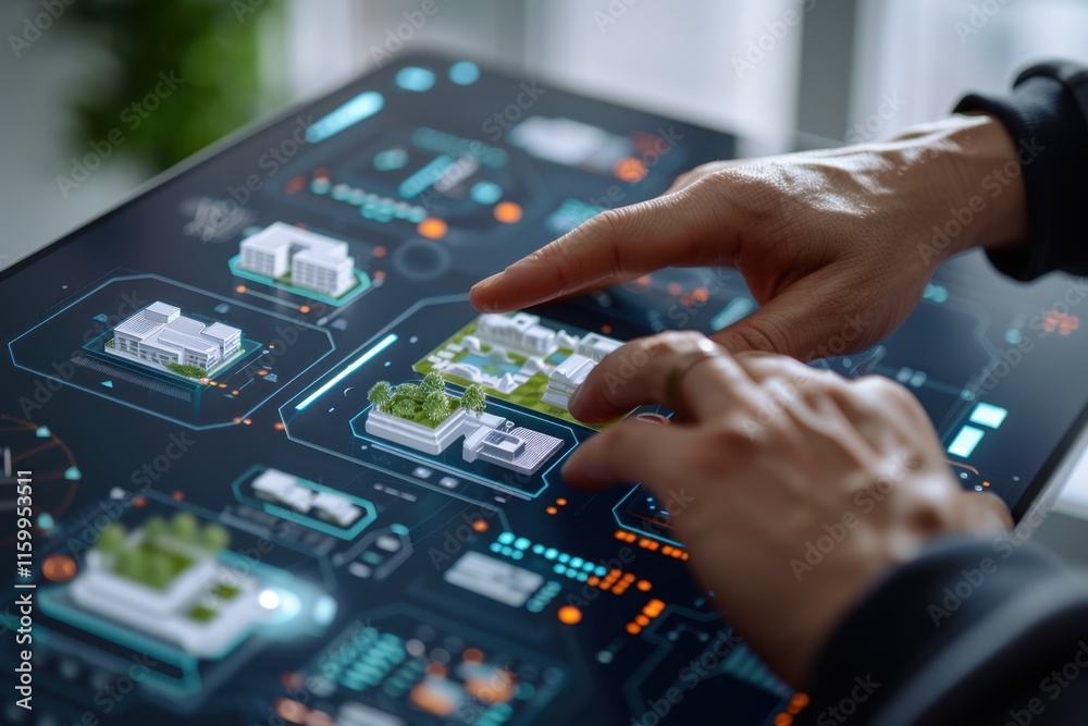 Obraz premium Hands interacting with a futuristic city map on a large touchscreen.