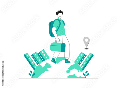 Traveling aboard on vacation. Migration illustration. Flat vector illustration