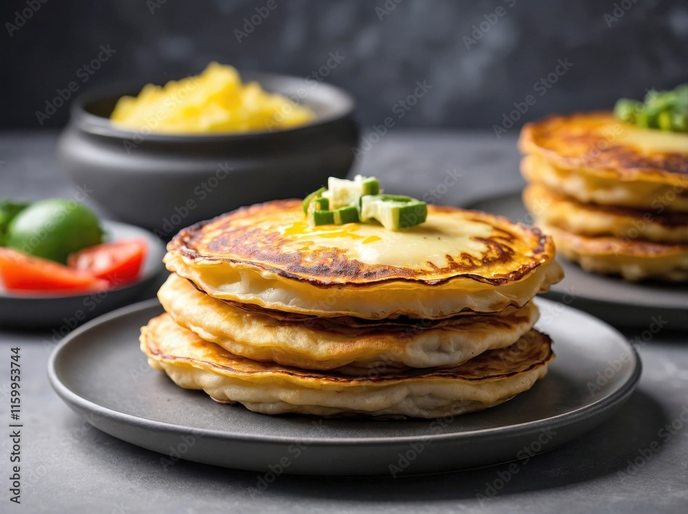 A side view of stacked Cachapas on a smooth, dark gray ceramic plate A side view of stacked Cachapas on a smooth, dark gray ceramic plate