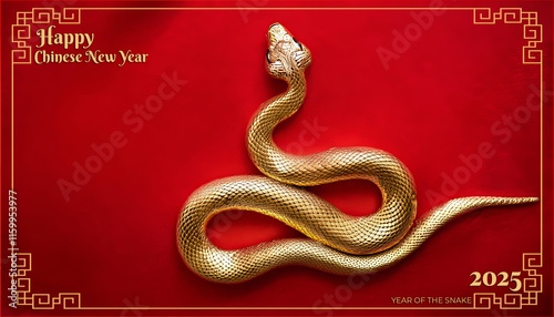 Golden snake celebrating chinese new year 2025, the year of the snake, on red background