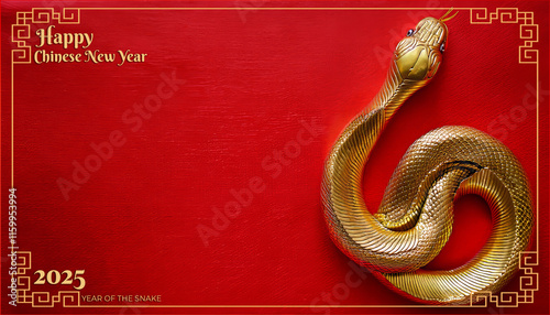 Golden snake celebrating chinese new year 2025, the year of the snake, on red background
