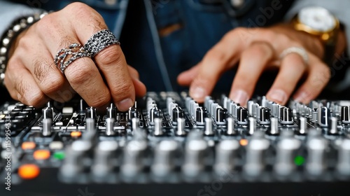 Close-up of hands adjusting audio mixer.