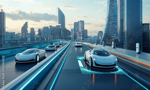 Futuristic cityscape with autonomous vehicles on a glowing roadway.