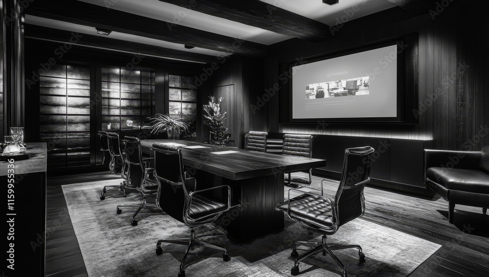 Monochromatic image of a modern, luxury conference room with a large wooden table, black leather chairs, and a projection screen. Monochromatic image of a modern, luxury conference room with a large wooden table, black leather chairs, and a projection screen.