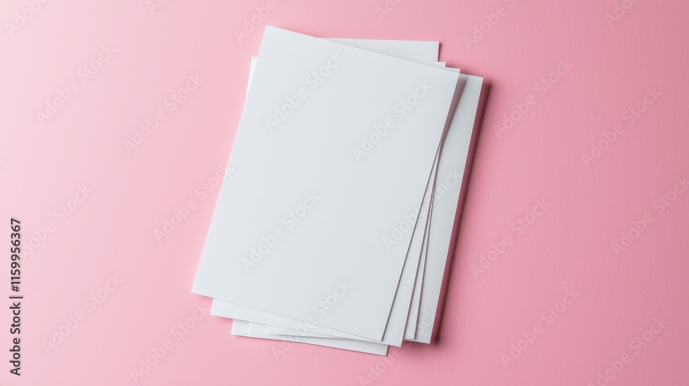 Blank white paper stack on soft pink background minimalist style Blank white paper stack on soft pink background minimalist style