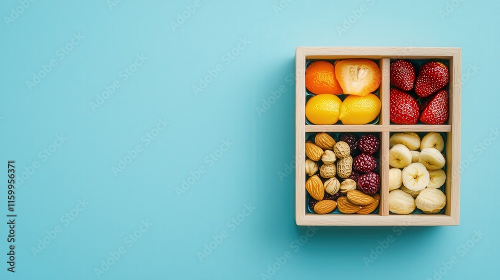 Blue background minimalist style fruit and nut arrangement Blue background minimalist style fruit and nut arrangement