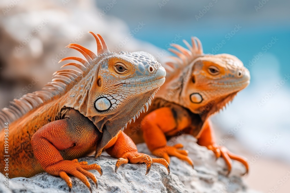 A group of iguanas basking together on a rocky shoreline, with waves crashing in the background A group of iguanas basking together on a rocky shoreline, with waves crashing in the background