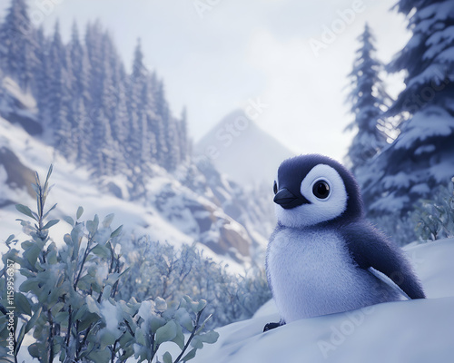 Adorable baby penguin in snowy mountain landscape.  Perfect for children's books, winter themes, and wildlife conservation projects. photo