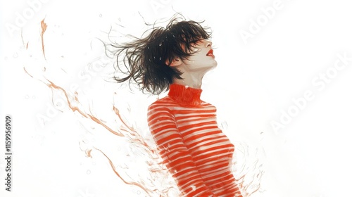 Woman with windblown hair, red striped shirt, orange splash.