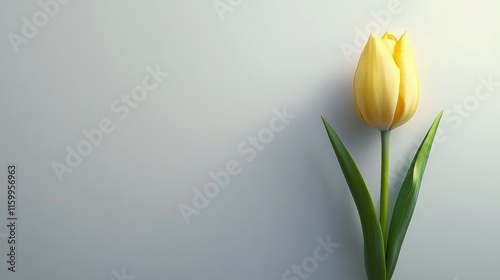 A single soft yellow tulip against a light gray background, top-down shot, Minimalist style