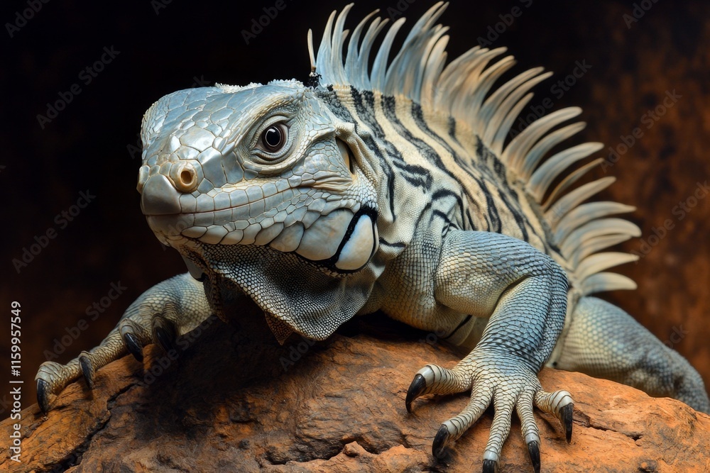 A large iguana climbing a tree branch, its tail wrapped around the bark and its head turned toward the camera A large iguana climbing a tree branch, its tail wrapped around the bark and its head turned toward the camera