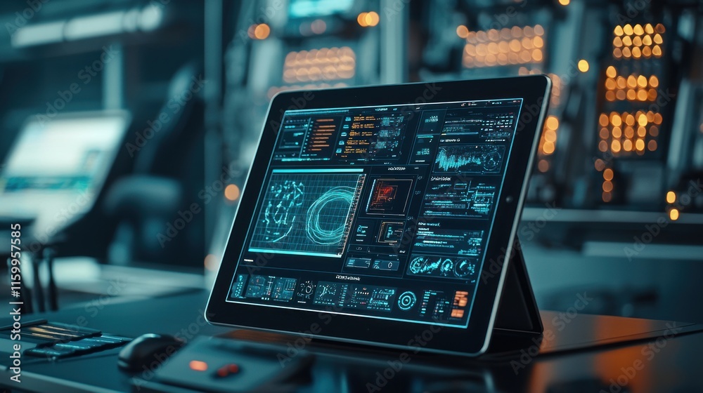 Fototapeta premium Futuristic tablet displaying data analytics in a high-tech lab.