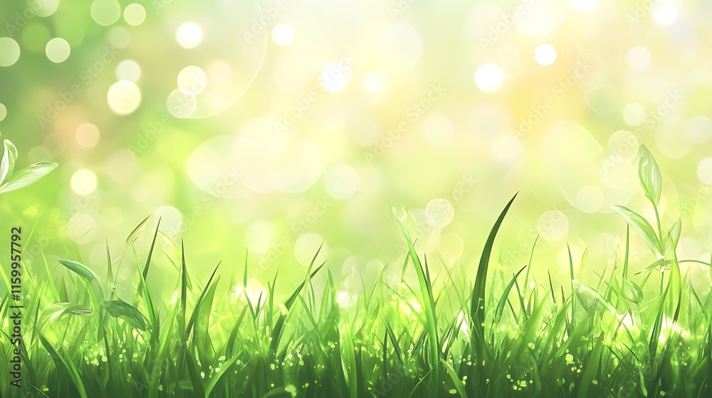 Fototapeta premium Blurred natural landscape with green grass and soft bokeh background, Beautiful sunny spring meadow with green grass and blue sky. Abstract background with light bokeh and space for text.
