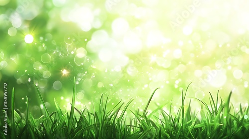 Blurred natural landscape with green grass and soft bokeh background, Beautiful sunny spring meadow with green grass and blue sky. Abstract background with light bokeh and space for text.