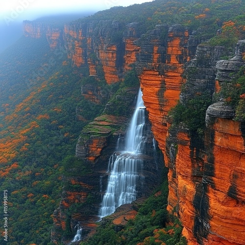 Majestic Blue Mountains Australia Waterfall Cascading from Red Cliffs into Forested Valley Scenic Natural Landscape Ideal for Nature Travel Adventure Photography