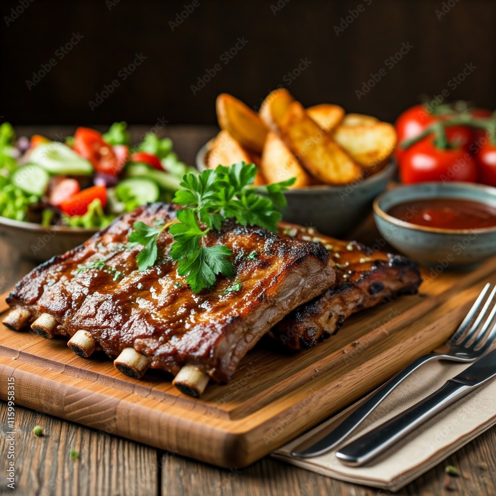 Succulent barbecue ribs glazed with sauce, served with crispy potato wedges, fresh salad, and a side of dipping sauce. Succulent barbecue ribs glazed with sauce, served with crispy potato wedges, fresh salad, and a side of dipping sauce.