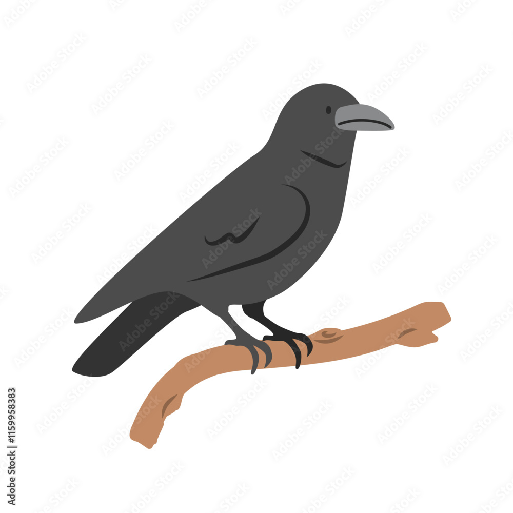 Fototapeta premium Crow cartoon clipart. Black raven or crow vector illustration in flat style. Hand-drawn wild animal concept