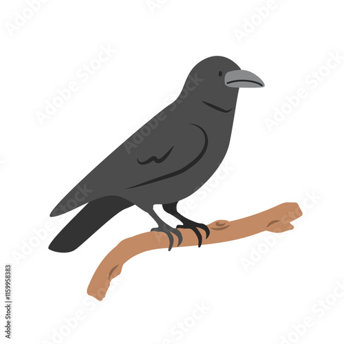 Crow cartoon clipart. Black raven or crow vector illustration in flat style. Hand-drawn wild animal concept