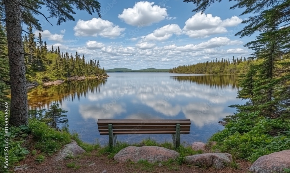 Serene lake view with bench, perfect reflection of sky and clouds in calm water, surrounded by lush green forest. Serene lake view with bench, perfect reflection of sky and clouds in calm water, surrounded by lush green forest.