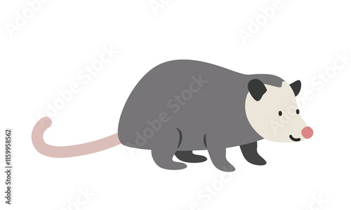 Virginia opossum cartoon clipart. Opossum vector illustration in flat style. Hand-drawn wild animal concept