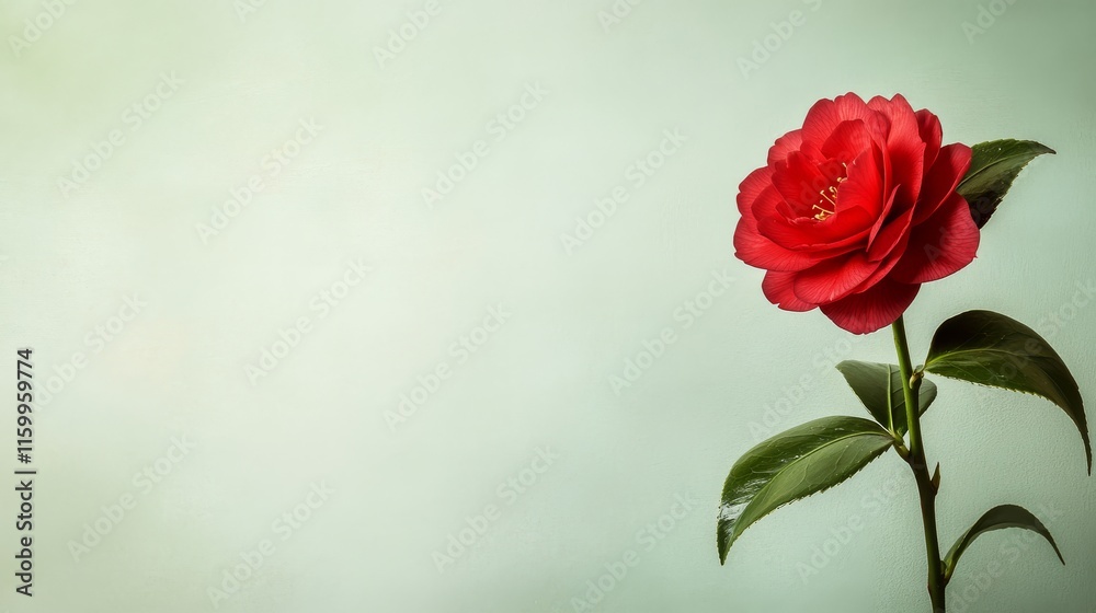 A solitary red camellia against a soft green backdrop, close-up shot, Bold style A solitary red camellia against a soft green backdrop, close-up shot, Bold style