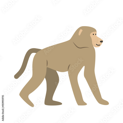 Olive baboon cartoon clipart. Yellow baboon vector illustration in flat style. Old World monkey. Hand-drawn wild animal concept
