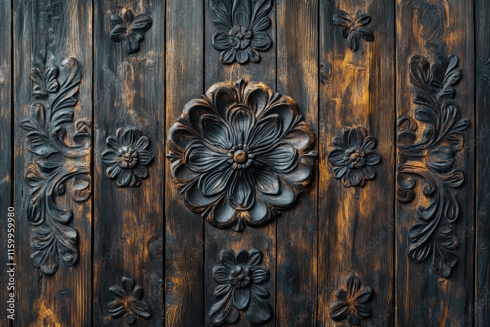 Dark wood panel with carved floral designs. Dark wood panel with carved floral designs.