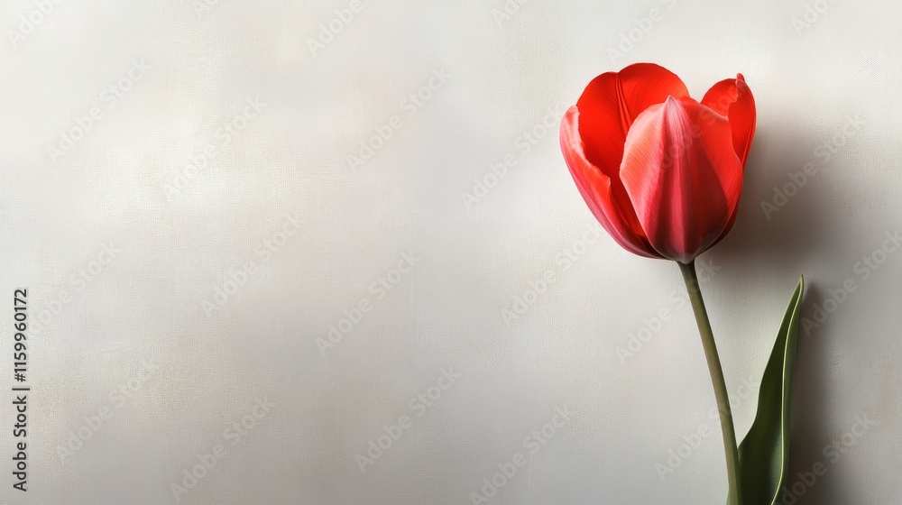 A solitary red tulip in a soft gray background, overhead shot, Modern style A solitary red tulip in a soft gray background, overhead shot, Modern style