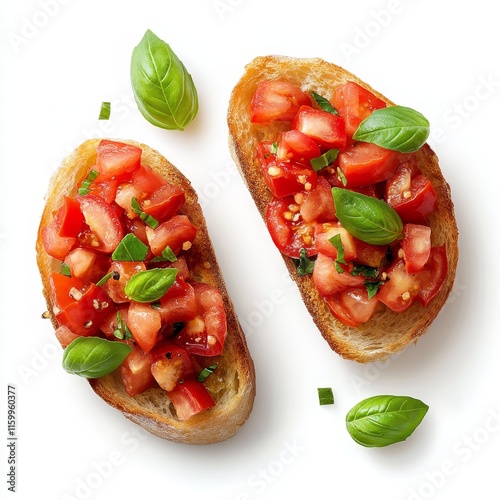 Two slices of bruschetta topped with diced tomatoes, basil, and olive oil.
