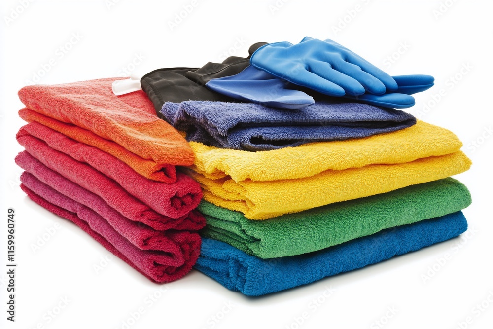 Stack of colorful cleaning cloths and gloves. Stack of colorful cleaning cloths and gloves.