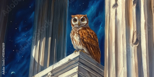 Greece style art, An artistic portrayal of Athena's owl, symbolizing wisdom, perched elegantly, perfect for creative and educational projects. photo