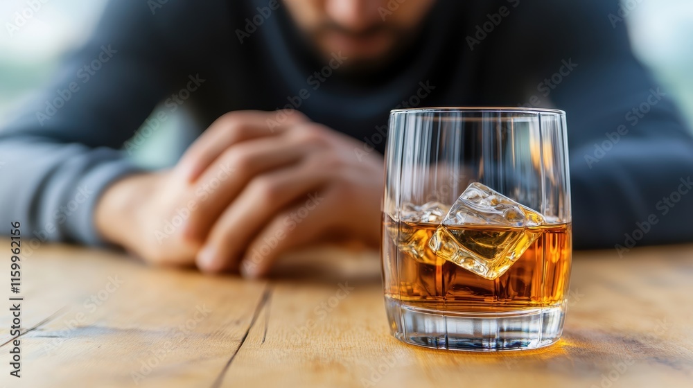 A close-up of a glass of whiskey with ice, placed on a wooden table, while a man sits in the background, lost in thought. A close-up of a glass of whiskey with ice, placed on a wooden table, while a man sits in the background, lost in thought.