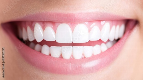 A close-up of a bright, white smile showcasing perfectly aligned teeth and healthy gums, radiating happiness and confidence