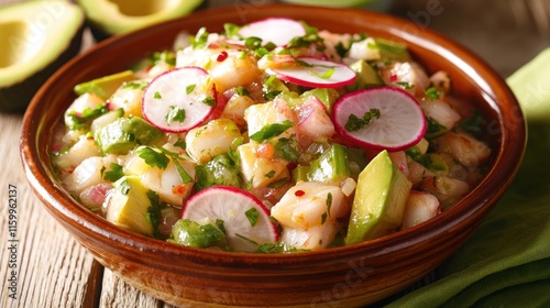 Fresh seafood avocado radish salad in bowl. photo