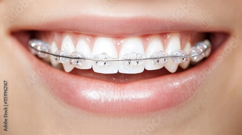 A close-up of a smiling person showcasing clear braces on perfectly aligned teeth, highlighting dental health and orthodontic treatment