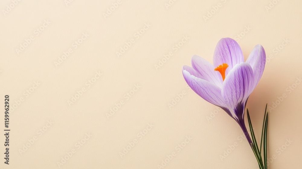 Fototapeta premium A vibrant purple crocus against a soft beige background, close-up shot, Minimalist style