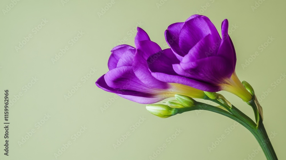 A vibrant purple freesia against a soft olive green background, diagonal close-up shot, Minimalist style A vibrant purple freesia against a soft olive green background, diagonal close-up shot, Minimalist style