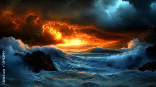 Dramatic ocean waves crashing against rocks during a fiery sunset, with dark and stormy clouds filling the sky. A breathtaking display of nature's power and beauty.