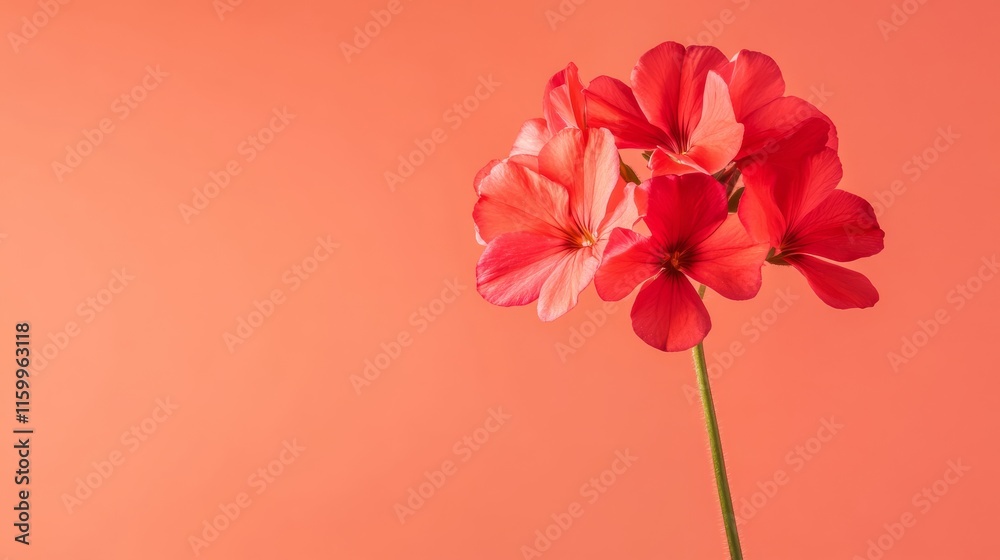 A vibrant red geranium against a warm coral background, side view shot, Minimalist style A vibrant red geranium against a warm coral background, side view shot, Minimalist style