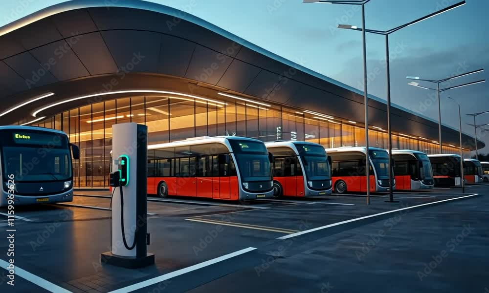 Modern bus station with electric buses and sleek architecture at sunset.