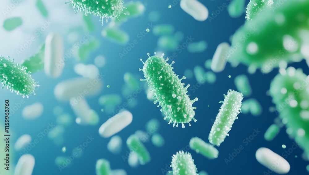 Microscopic view of various bacteria floating in a blue background. Microscopic view of various bacteria floating in a blue background.