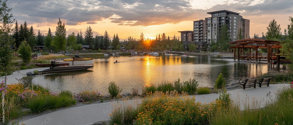 Obraz premium Sunset over calm lake with modern buildings and park.