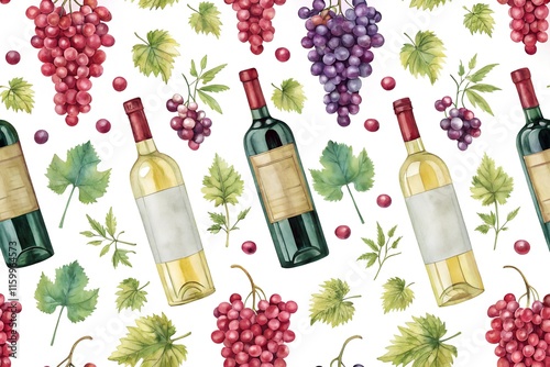 A vibrant seamless pattern featuring watercolor wine glasses, bottles, and grapes in bright hues, perfect for elegant designs, packaging, or creative decor.