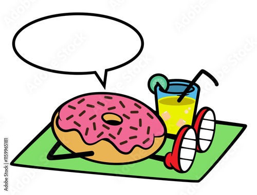 Cute little donuts cartoon characters relaxing at the beach and drinking lemonade. Best for sticker, mascot, and logo with summer themes for kids