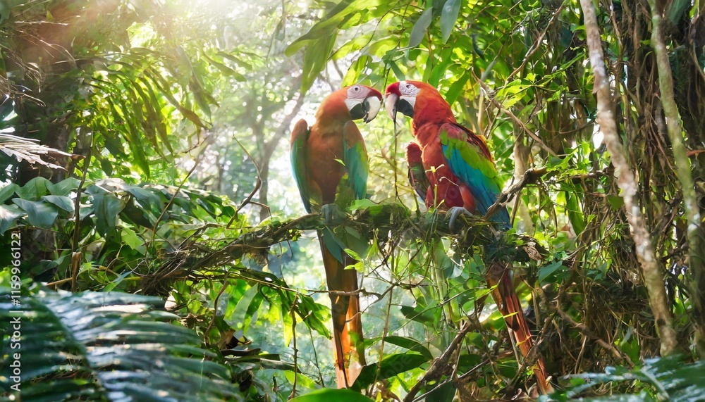 Colorful Parrots Perched Among Exotic Jungle Vines in a Sunlit Rainforest