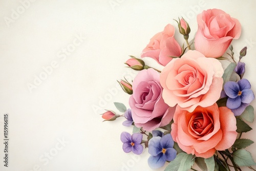 A vintage-style botanical illustration of roses and violets, labeled with old-fashioned typography and muted tones