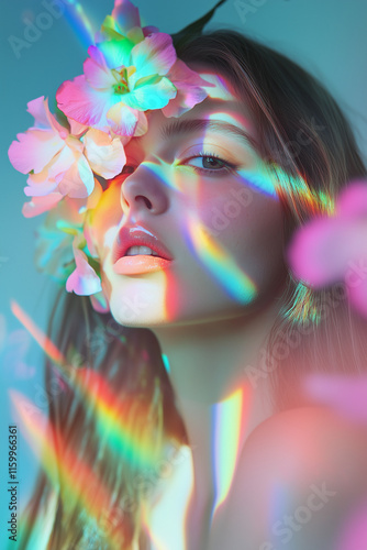 Dreamy Portrait with Rainbow and Flowers photo